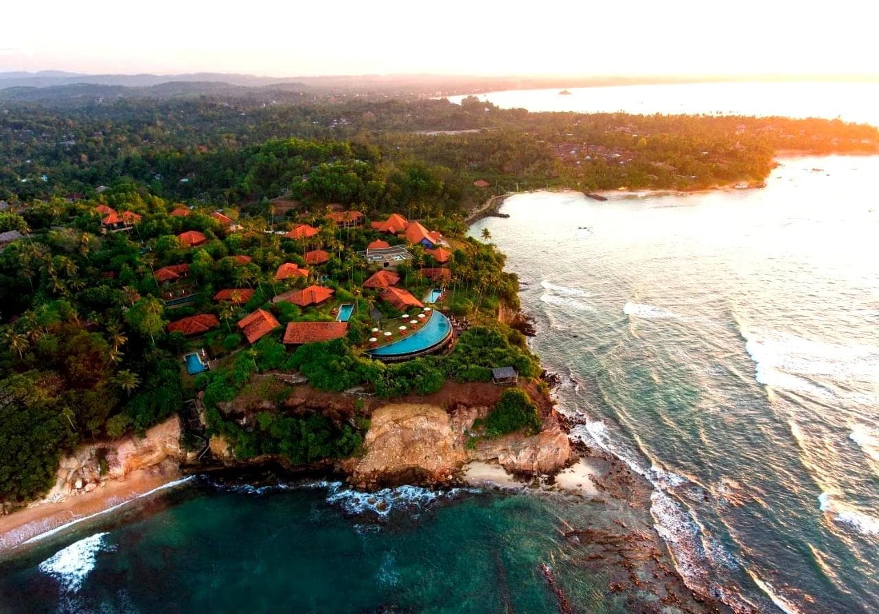 Drone view of coastal resort used on Across Ceylon tours